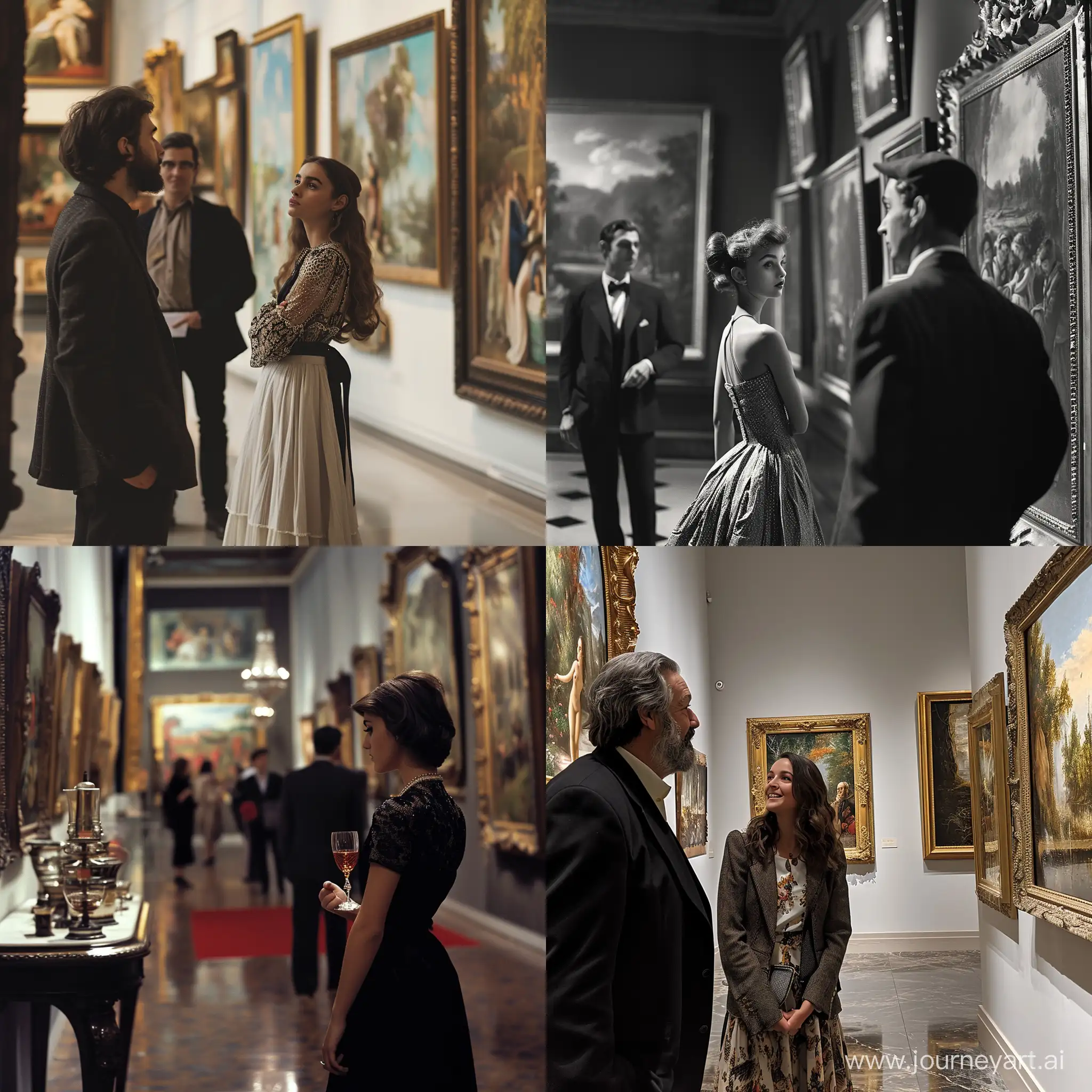 фото изящной девушки в картинной галлерее рядом с красивой живописью и богатым мужчиной
