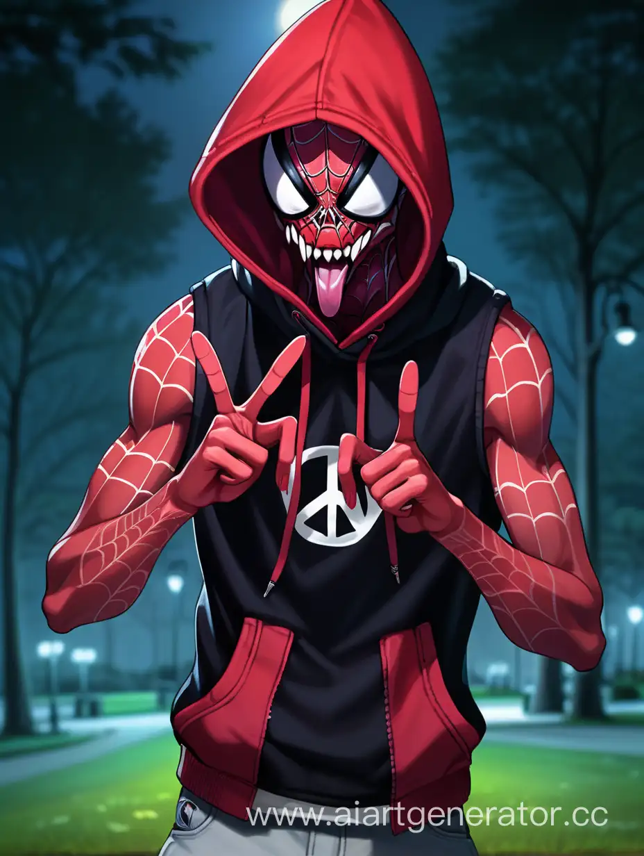 Mysterious-Crimson-Spider-with-Peaceful-Gesture-in-the-Dark-Park