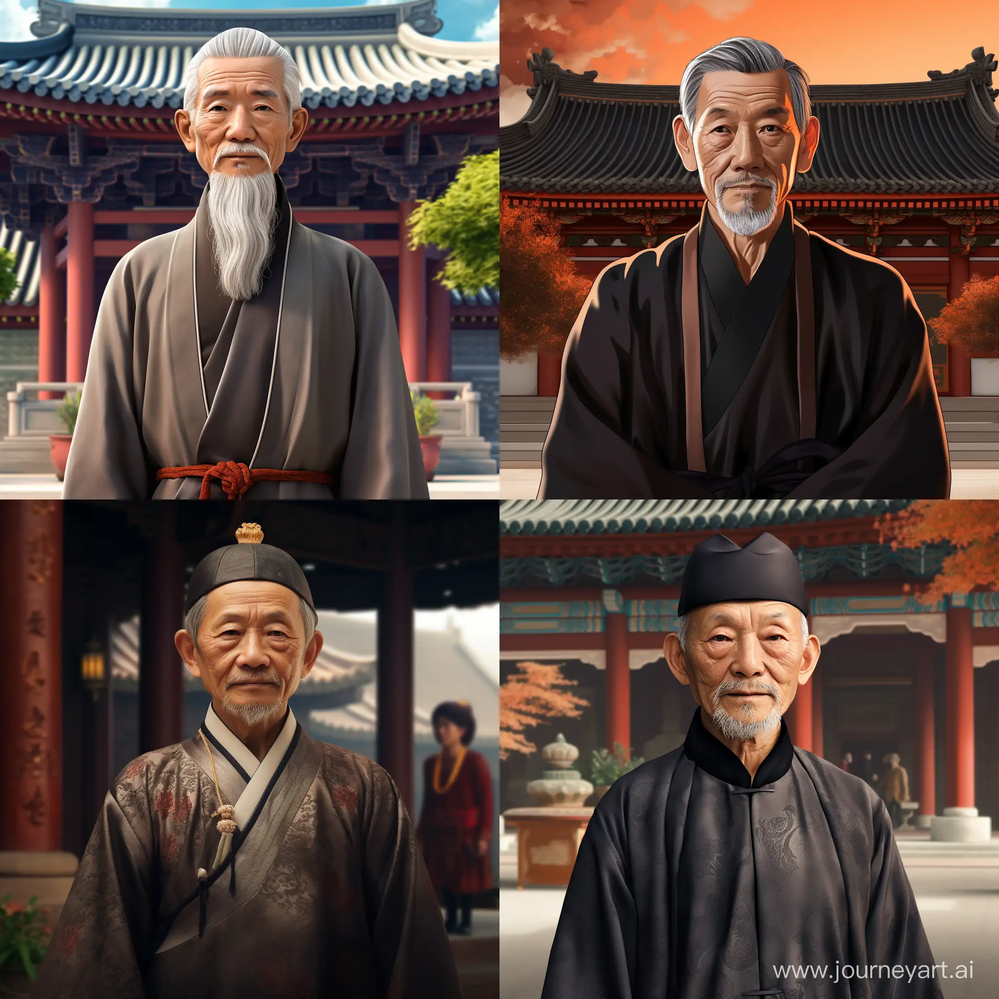 A 70-year-old Chinese man, dressed in a Taoist robe, standing in front of a temple, is facing the camera in a realistic style, high-definition, full of details, in cartoon style