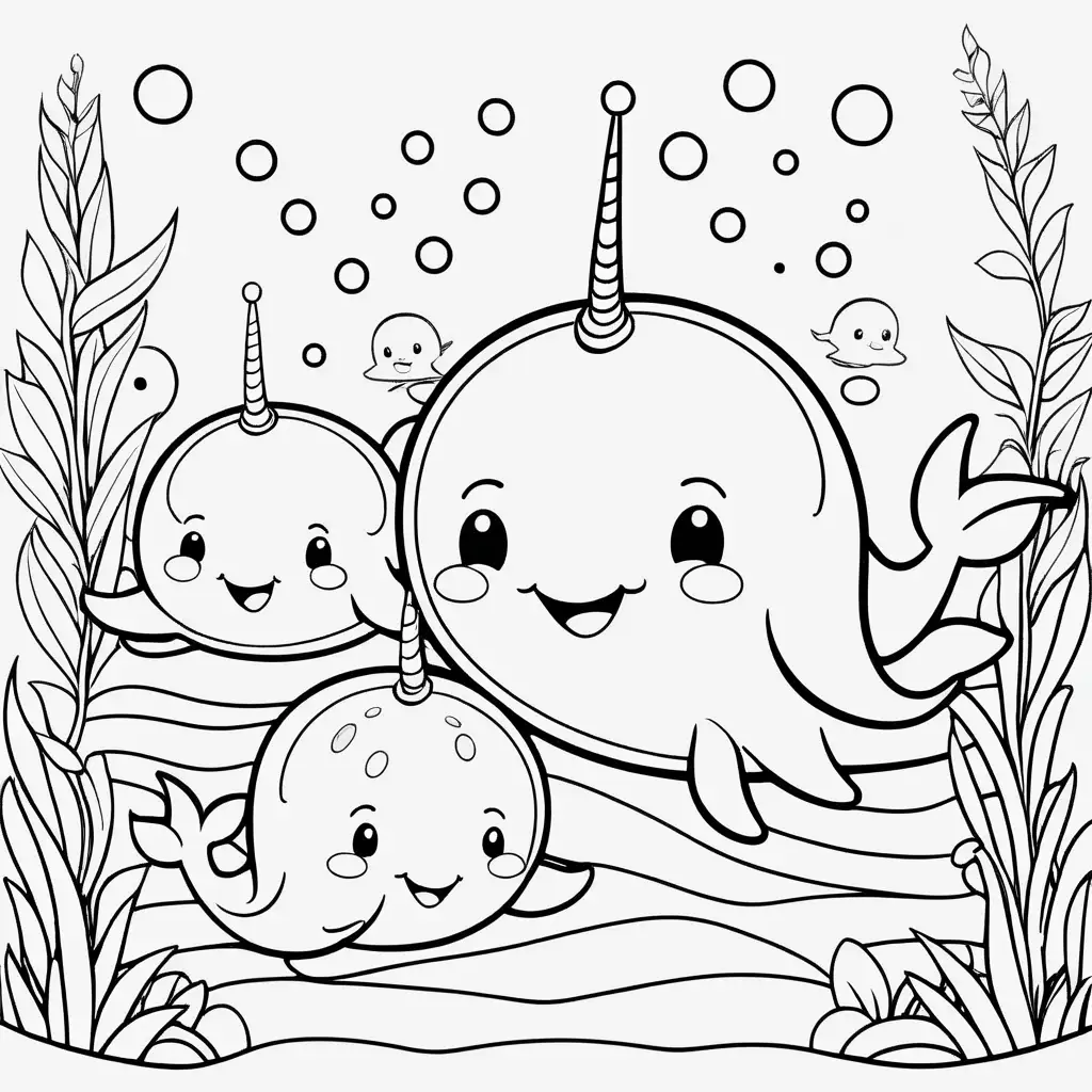 Create a coloring book page for 1 to 4 year olds. A simple cartoon cute smiling friendly faced narwhal and its friendly faced parents with bold outlines in their native enviroment. The image should have no shading or block colors and no background, make sure the animal fits in the picture fully and just clear lines for coloring. make all images with more cartoon faces and smiling