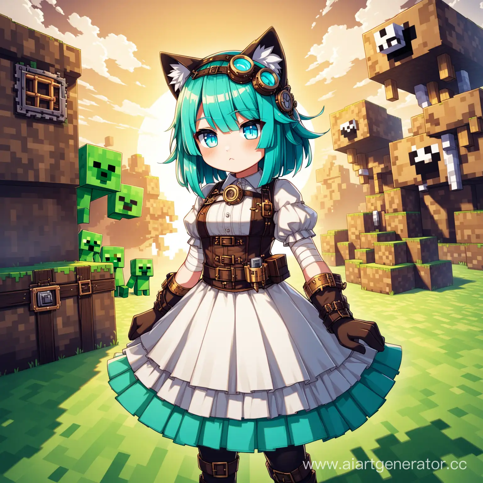 cat girl in dress, cyan hair, eyes fully covered with bandages, steampunk, minecraft