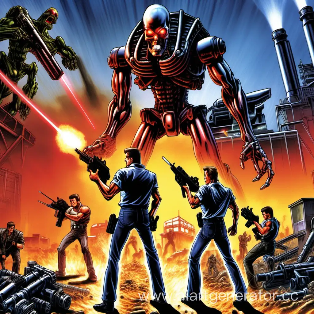 
Contra: The Alien Wars.
Билл и Лэнс сражаются и стреляют в огромного терминатора. Терминатор стреляет в людей из оружия лазером.
На фоне завод.