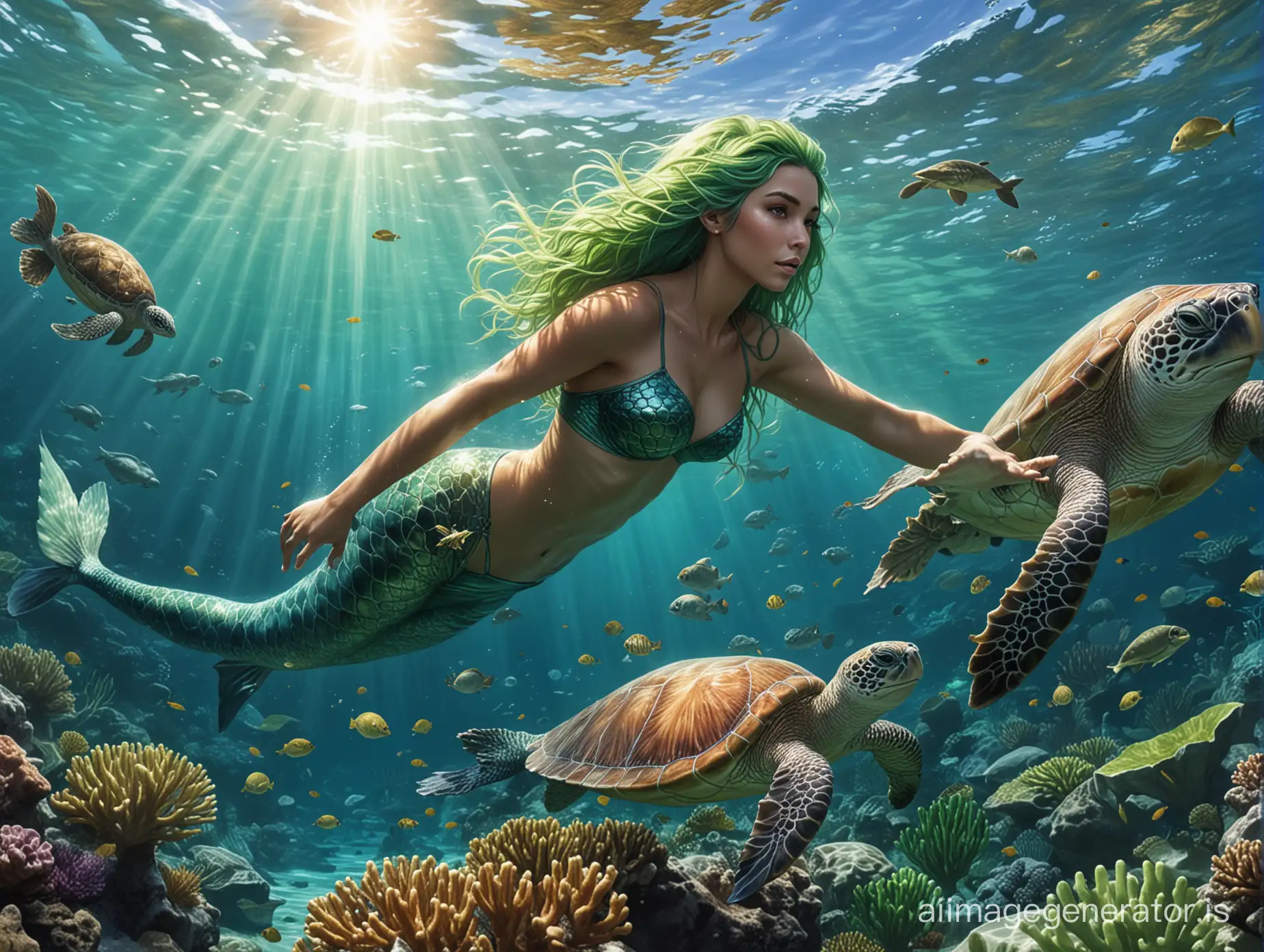 A mermaid with light brown skin with green hair, and an olive-brown tail with her emrald green crop with white veins is swimming under the ocean alongside big turtles and corals.