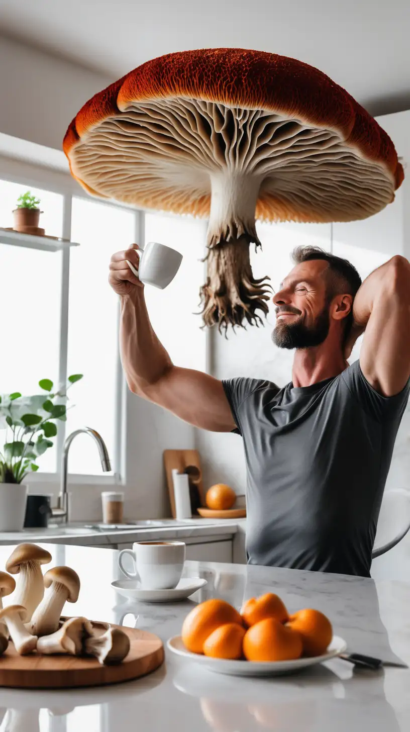 Man stretching Having his morning coffee with lionsmane mushroom next to him in his kitchen 
