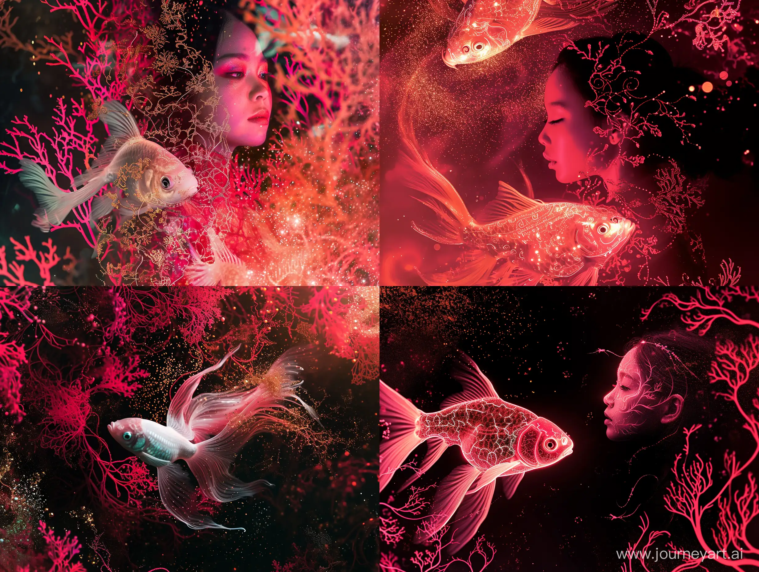 photo RAW ,Photos with photo RAW, (Black, dark red and neon pink : Portrait、[ 1：6whole body 1:8]　like swimmingof 2 ghostly long tailed white goldfish woman, shiny aura, highly detailed, gold and coral filigree, intricate motifs, organic tracery, Januz /luka Miralles, glowing stardust perfect composition, smooth, sharp focus, sparkling particles, background blosk Realistic, realism, hd, 35mm photograph, 8k), masterpiece, award winning photography, natural light, perfect composition, high detail, hyper realistic