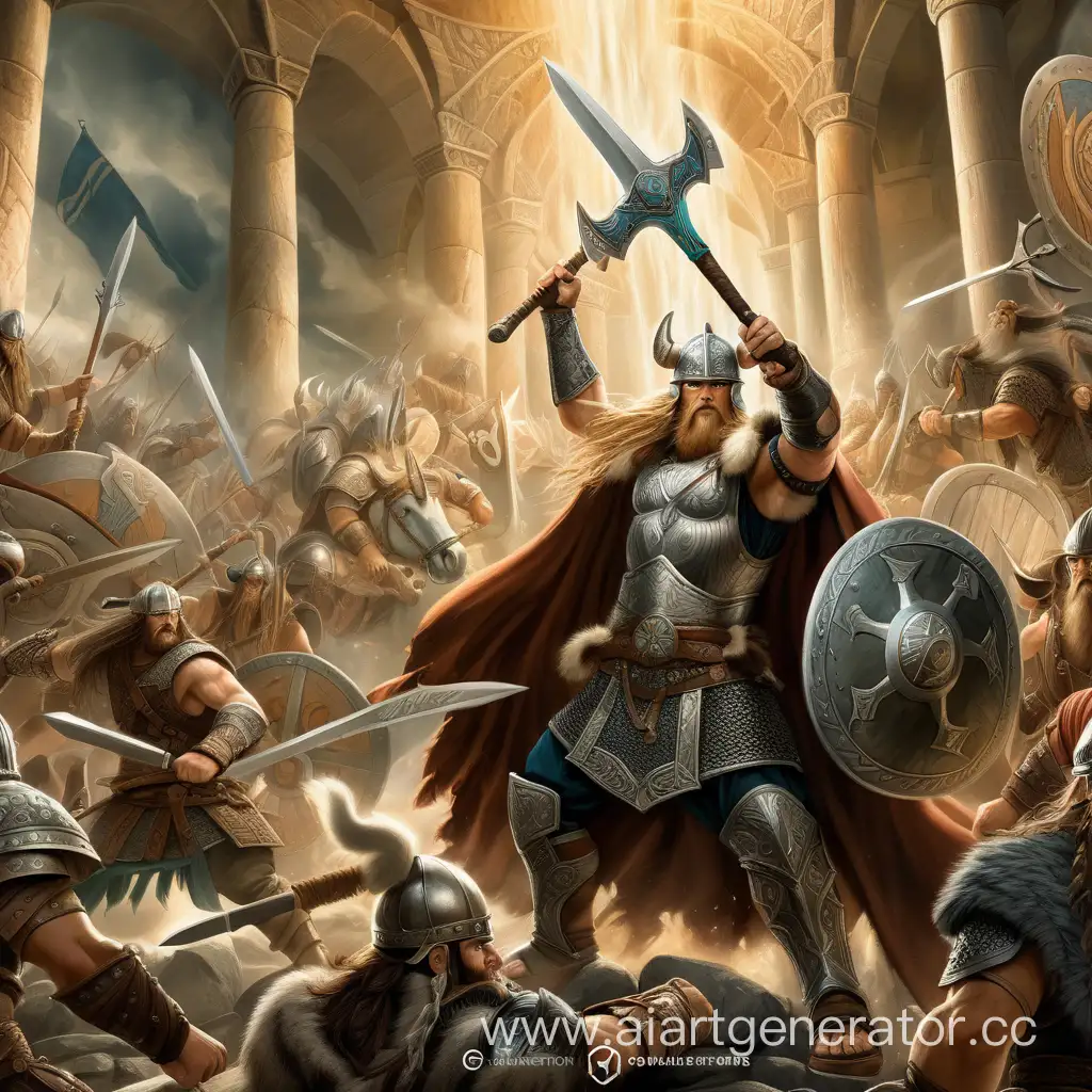 Subject: The central focus of the image is a dramatic battle scene set in Valhalla, a mythical hall in Norse mythology where fallen warriors are honored and prepared for Ragnarok, the final battle. The artwork captures the intensity of combat with warriors engaged in fierce clashes, wielding swords, axes, and shields.Background/Style/Coloring: The background portrays the grandeur of Valhalla, with towering pillars, majestic architecture, and ethereal lighting that enhances the mystical atmosphere. The style combines elements of epic fantasy art with a dynamic composition, utilizing bold brushstrokes and vibrant colors to evoke a sense of action and adventure.Action/Items: The action-packed scene showcases various elements of battle, including warriors charging into combat, battling mythical creatures, and defending their honor. Iconic items such as Viking helmets, intricate armor, and mythical weapons adorn the characters, adding to the authenticity of the Norse theme.Costume/Appearanc