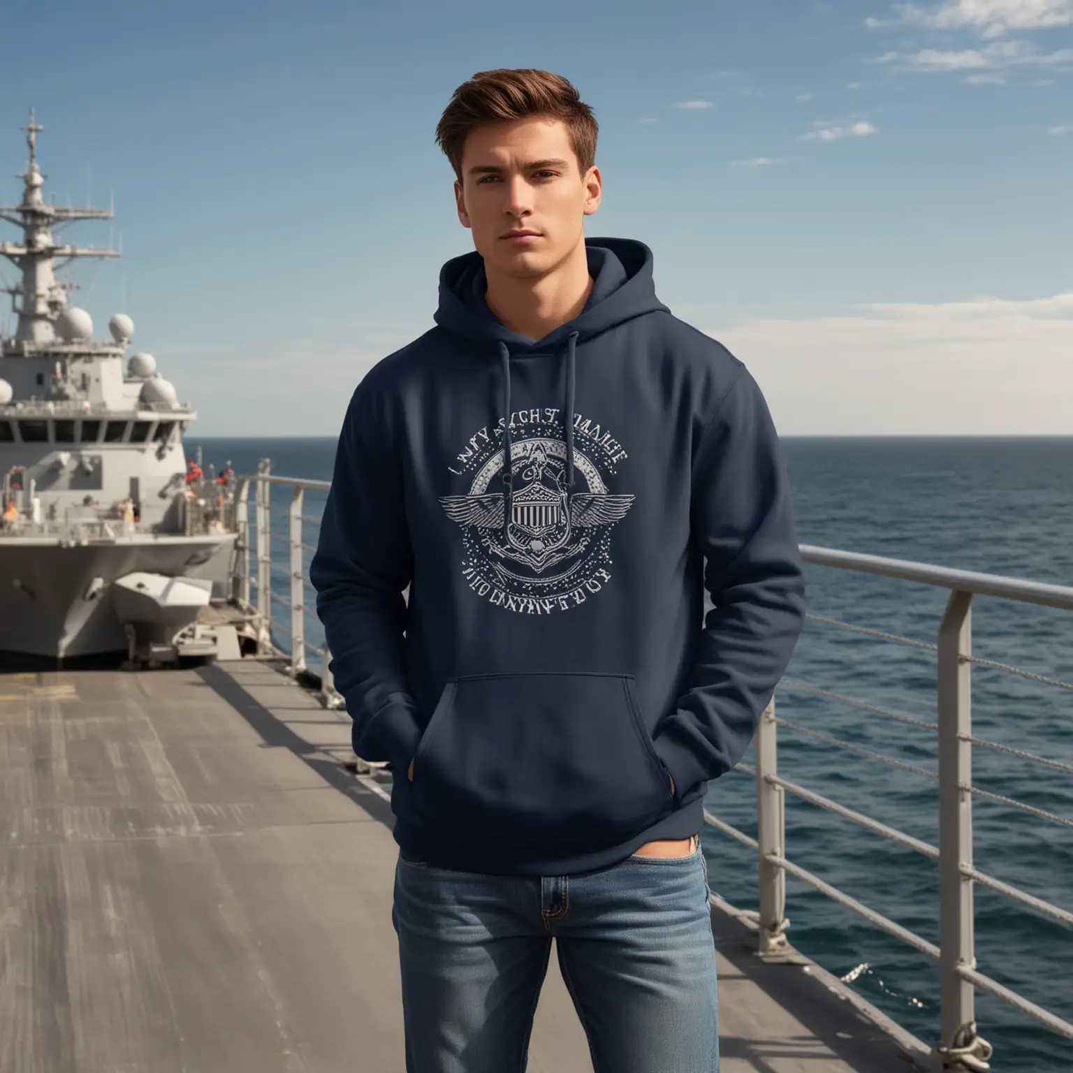 a mockup for a navy hoodie.  the model should be male and should resemble maverick.  the background of the photo should look like he is outside on the deck of an aircraft carrier,