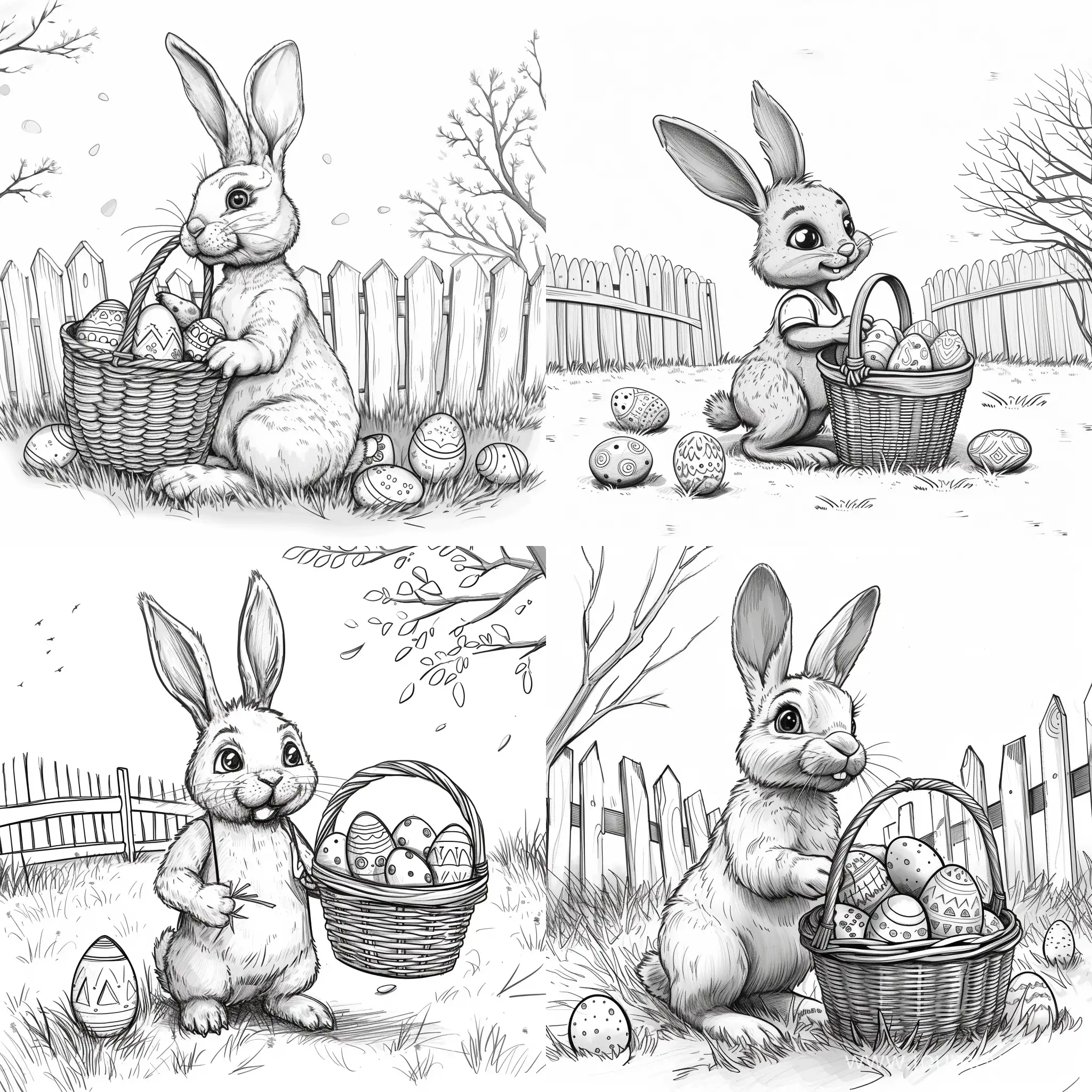 Easter-Bunny-with-Basket-in-Grassy-Yard-Coloring-Page