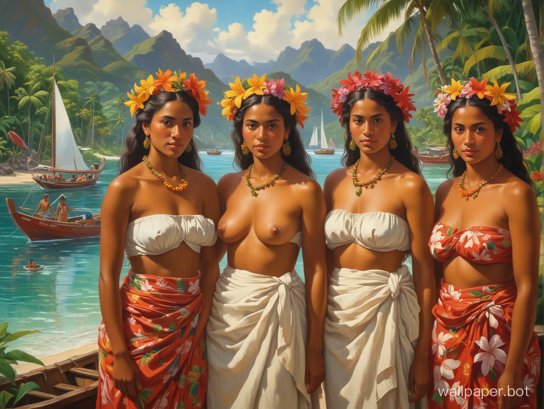 A stunning painting, reminiscent of Paul Gauguin's distinctive style, showcases three captivating Tahitian women in their traditional attire. Their beauty is accentuated by the vibrant flowers adorning their hair and bodies. The women seem uninhibited, basking in their natural state amidst a bustling 1895 Papeete. The background captures the daily lives of the local inhabitants, boats in the harbor, and the lush tropical landscape. The overall atmosphere of the painting is a harmonious blend of exotic and nostalgic, transporting viewers to the essence of Tahiti during Gauguin's time., painting
