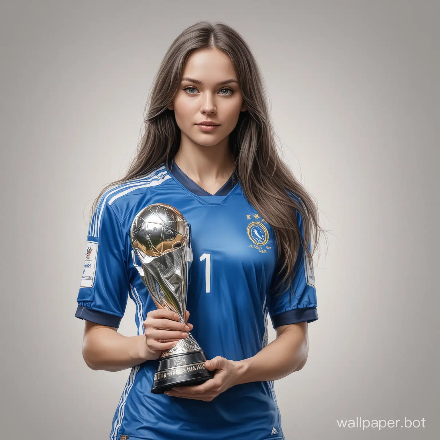 sketch young Lina Kozlova dark long hair 4 breast size narrow waist In blue soccer uniform holding a large Champions League trophy white background high realism drawing with liner sketch