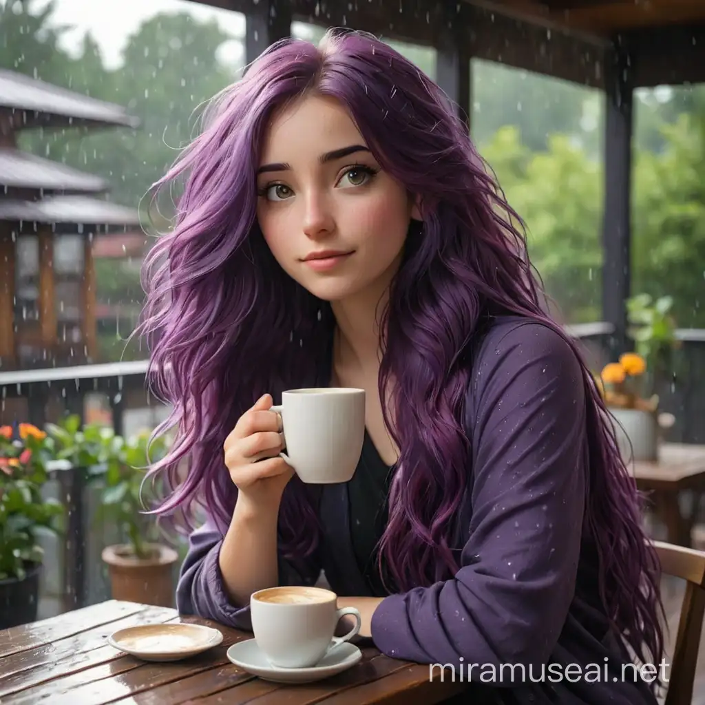 Girl with Long Purple Hair Enjoying Coffee on Rainy Veranda