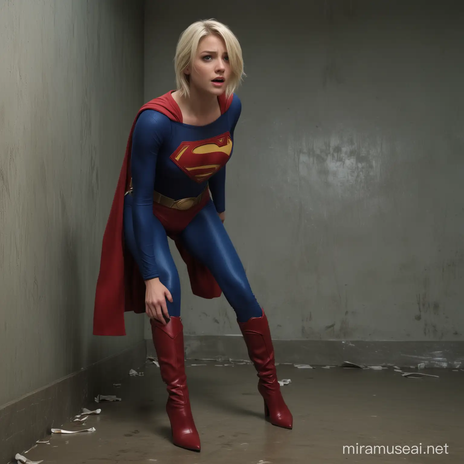 Supergirl dressed as Superman, perfect face, androgynous, perfect teeth, very short blond hair, lean, wide eyed, very confused, gasping, in shock, trapped in a room with no exit, legs and boots stiletto, 4k resolution, realistic,