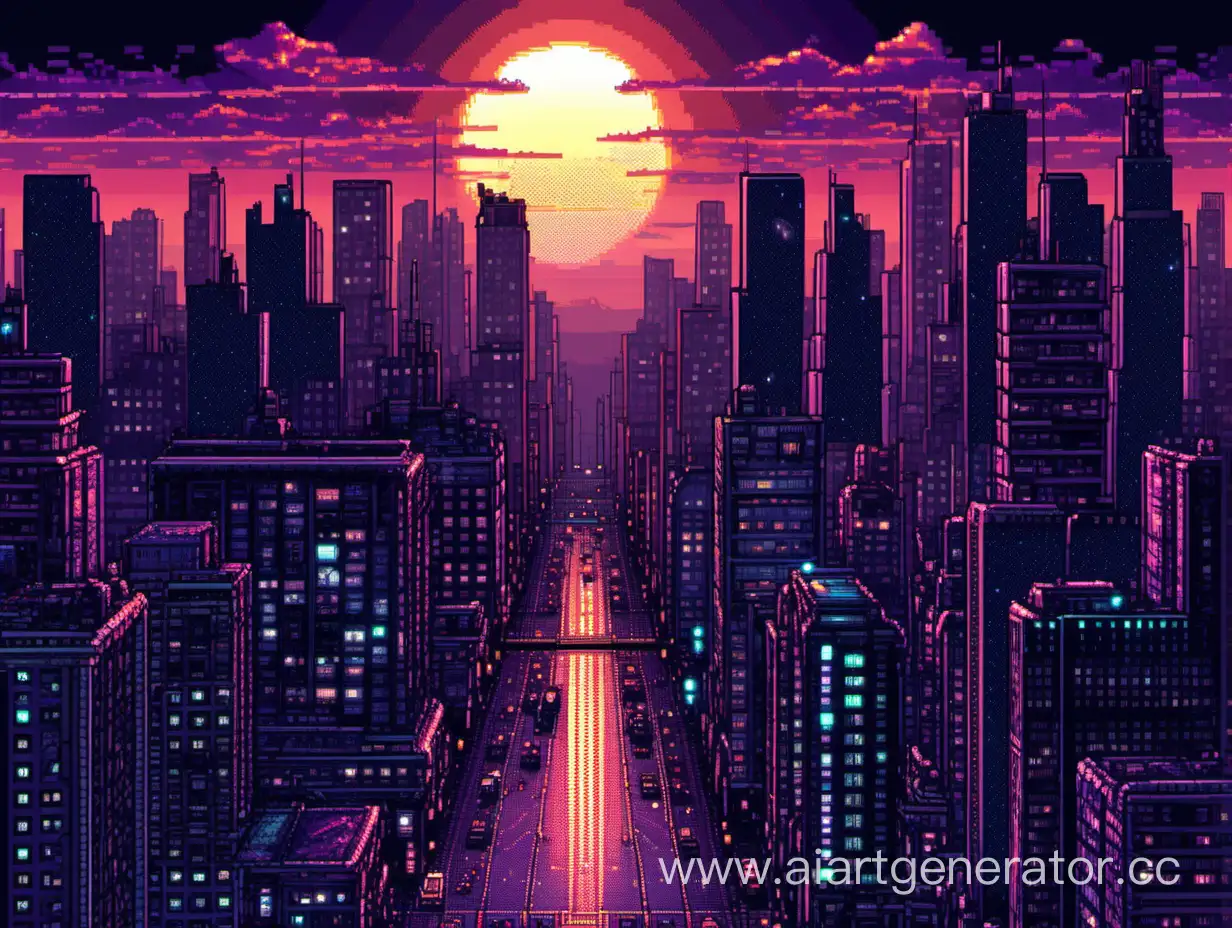 ночной город, в пиксельном стиле, больше деталей, город в стиле киберпанк, темные улицы, закат

