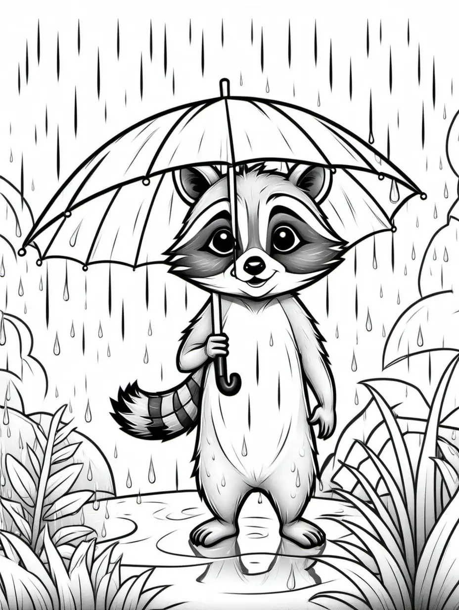 Simple Kids Coloring Page Playful Raccoon in Rain with Umbrella