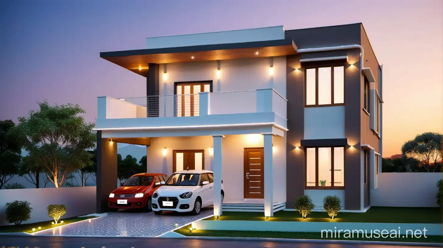 BudgetFriendly TwoFloor Small Front House Design with Flat Roof and Wooden Lighting