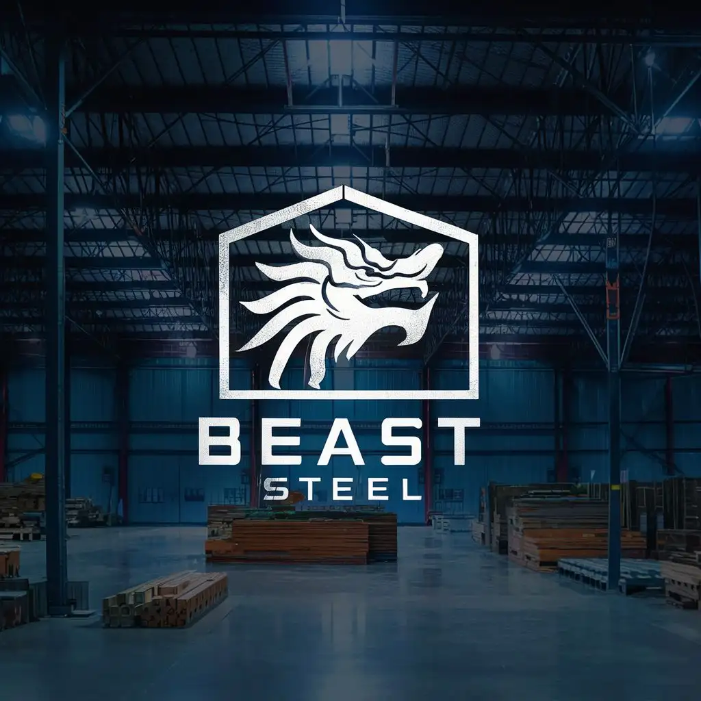 logo, warehouse frame with a Chinese dragon head, with the text "Beast Steel", typography, be used in Construction industry
