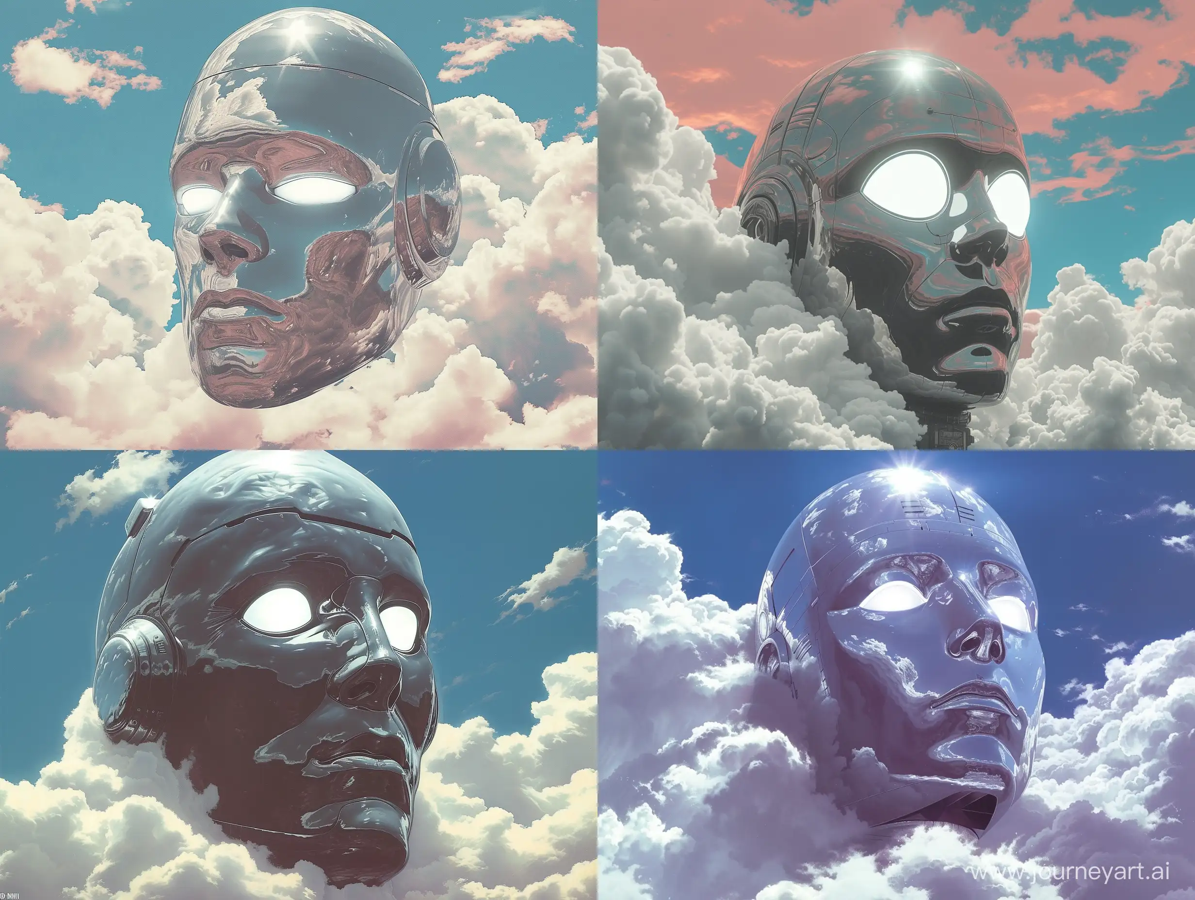 A giant silver head in the clouds, white glowing eyes, artwork drawn by Syd Mead. This chill synthwave artwork poster has a retro 70s and 80s vintage aesthetic with surrealism. It also features artwork by Hiroshi Nagaim and Robert McCall, evoking a nostalgic feeling with its vintage poster and nostalgic colors, day time
