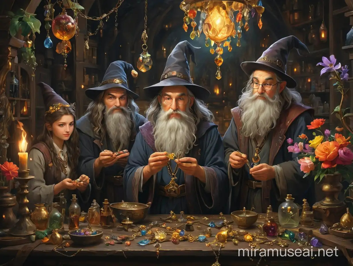 create a oil painting of wizards  and alchemists making magical jewelry and floral jewelery, 1940 art, Dark themed