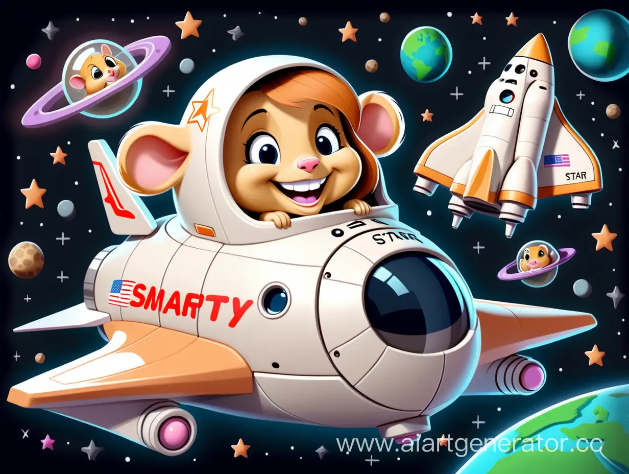 Мультяшный космический кораблик-шател с глазками и улыбкой на борту надпись "Смартик" на базе "звёздный путь" . Управляет кораблём  мультяшный хомяк-девочка с ресничками