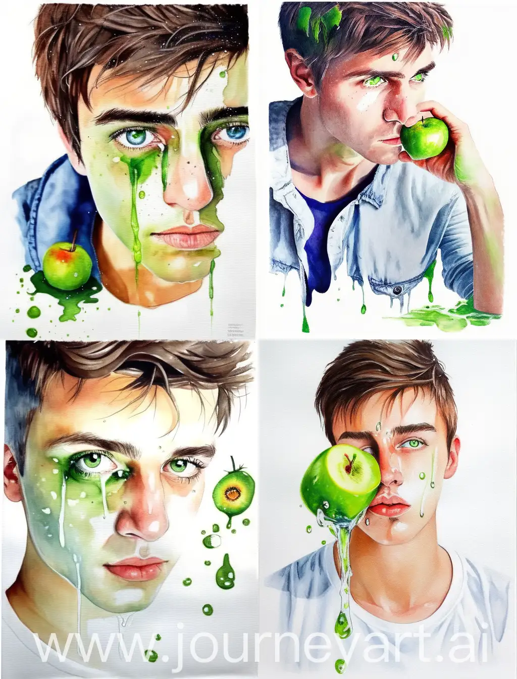 Watercolor technique - white background - portrait of attractive young man, 17 years old - beautiful face - very beautiful eyes with very detailed details - he is holding a green apple to his lips as if he is about to bite the apple - drops of water can be seen on his face - drops Water can be seen on the apple - very beautiful