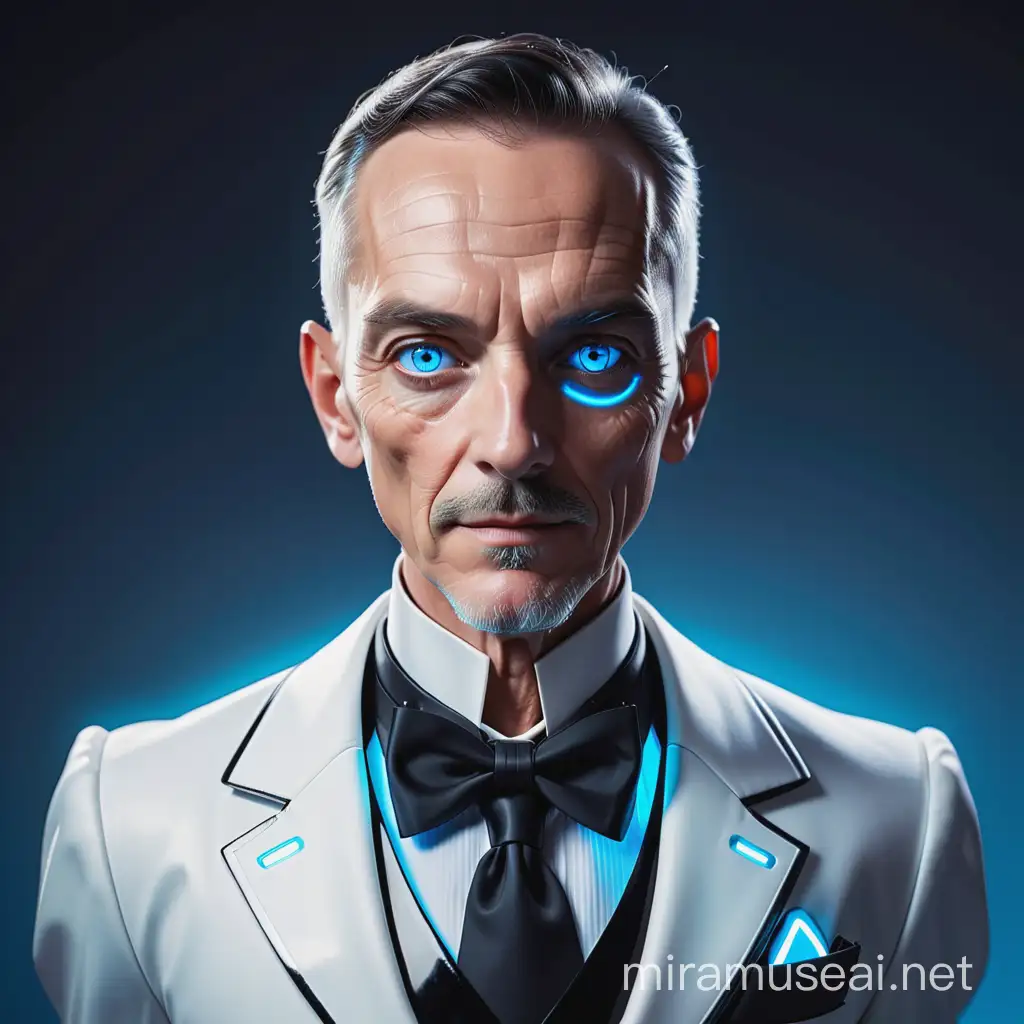 old android butler, portrait with blue and white background, glowing eyes, sleek, futuristic, fancy