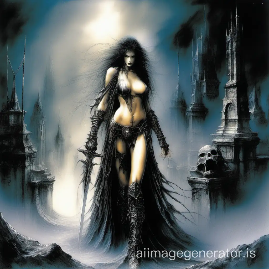 Imagine a dark fantasy picture the style of Luis Royo. masterpiece, best quality, High contrast, colorful, stark, dramatic, detailed background, high quality, by Luis Royo ,