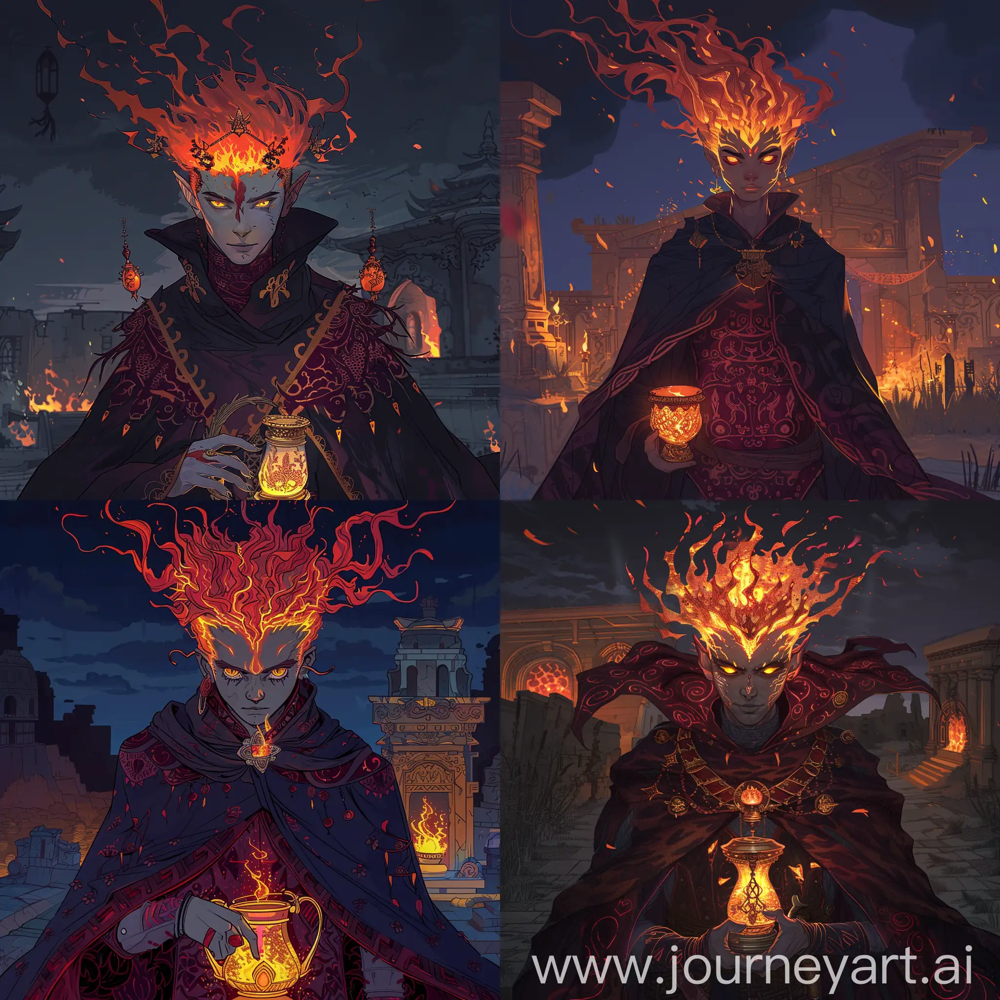 Fiery-Genasi-Sorcerer-Holding-Genies-Lamp-in-Abandoned-Temple