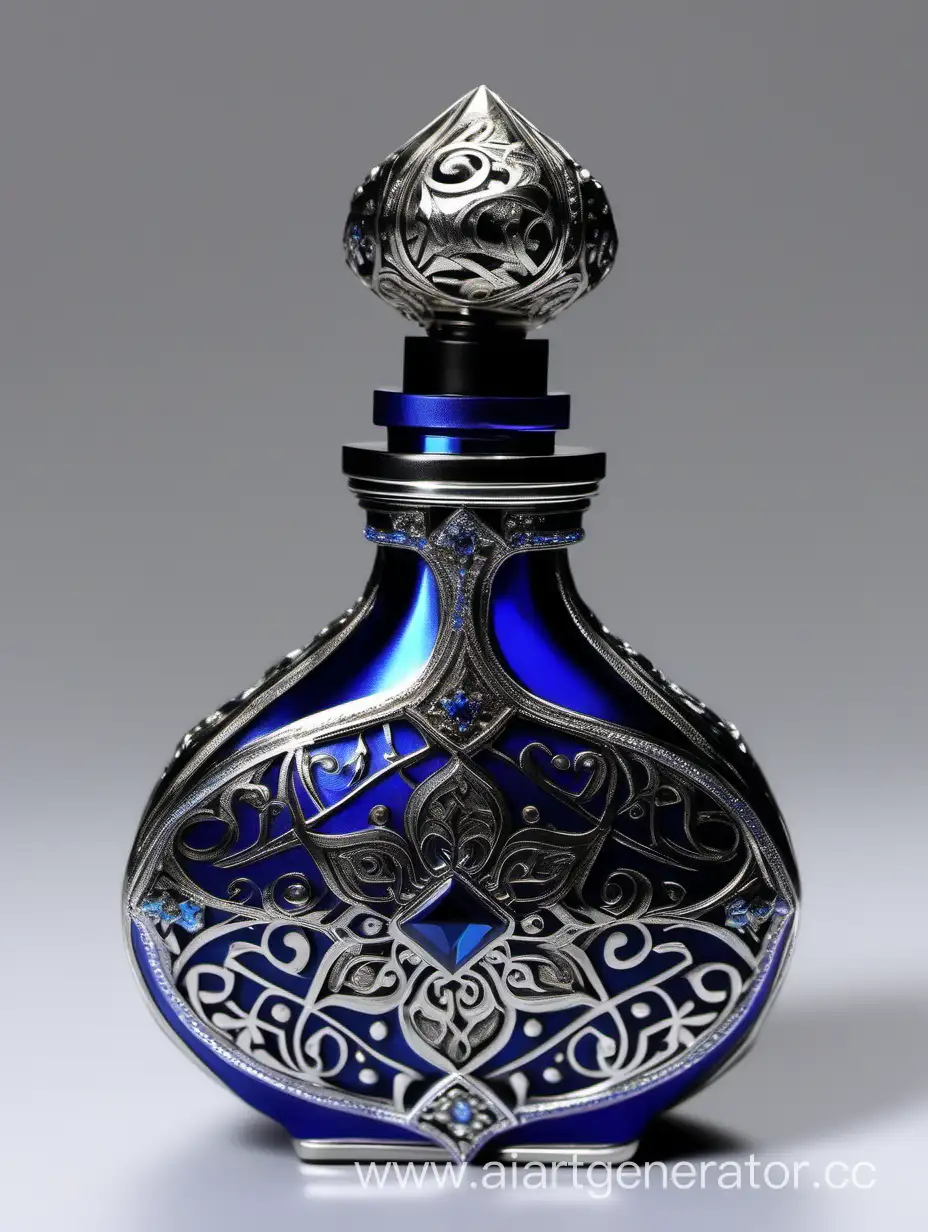 Incredibly detailed, elaborate, embellished potion bottle containing the elixir of life decorative ornamental Zamac Perfume cap, and bottle Dark blue, silver color with dark black square arabesque pattern shaped | metallizing finish