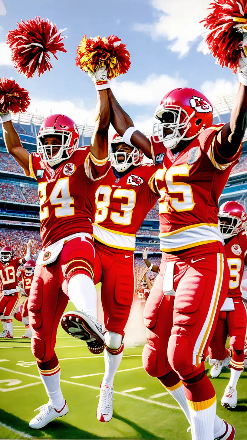 /prompt imagine A very realistic image of the Kansas City Chiefs players celebrating their victory on the football field. show them in high spirits, dancing joyfully and energetically. Add a touch of humor by depicting them wear colorful cheerleader outfit over their jerseys while they celebrate with palm palms. Capture the excitement and camaraderie of the team as they revel in their success.