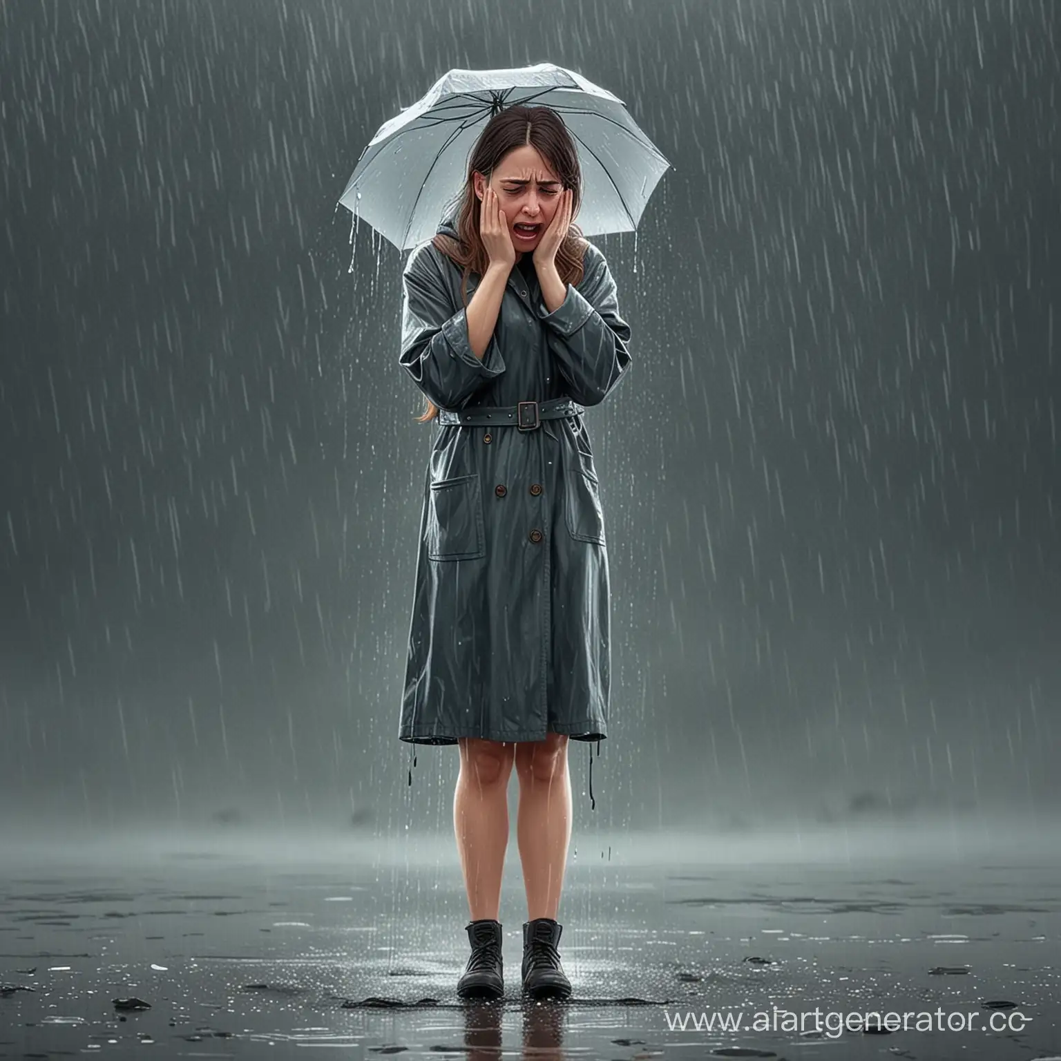 мультяшная обиженная женщина вся в слезах плачет в полный рост под дождем