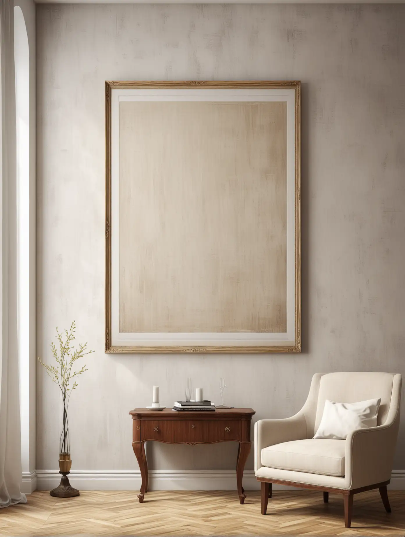 Elegant Living Room Interior with Blank Vertical Frame for Custom Artwork