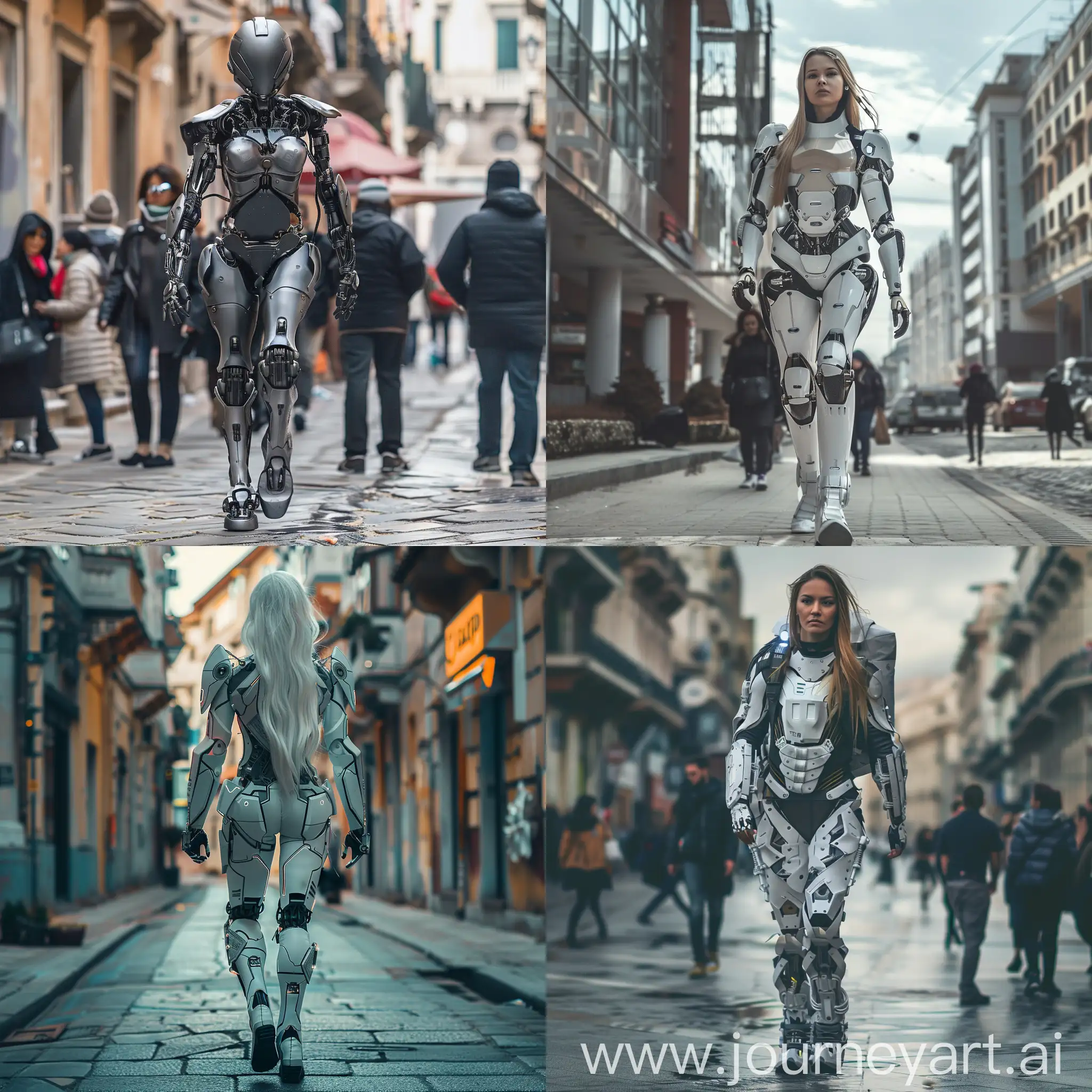 female cyborg, full body, in the streets