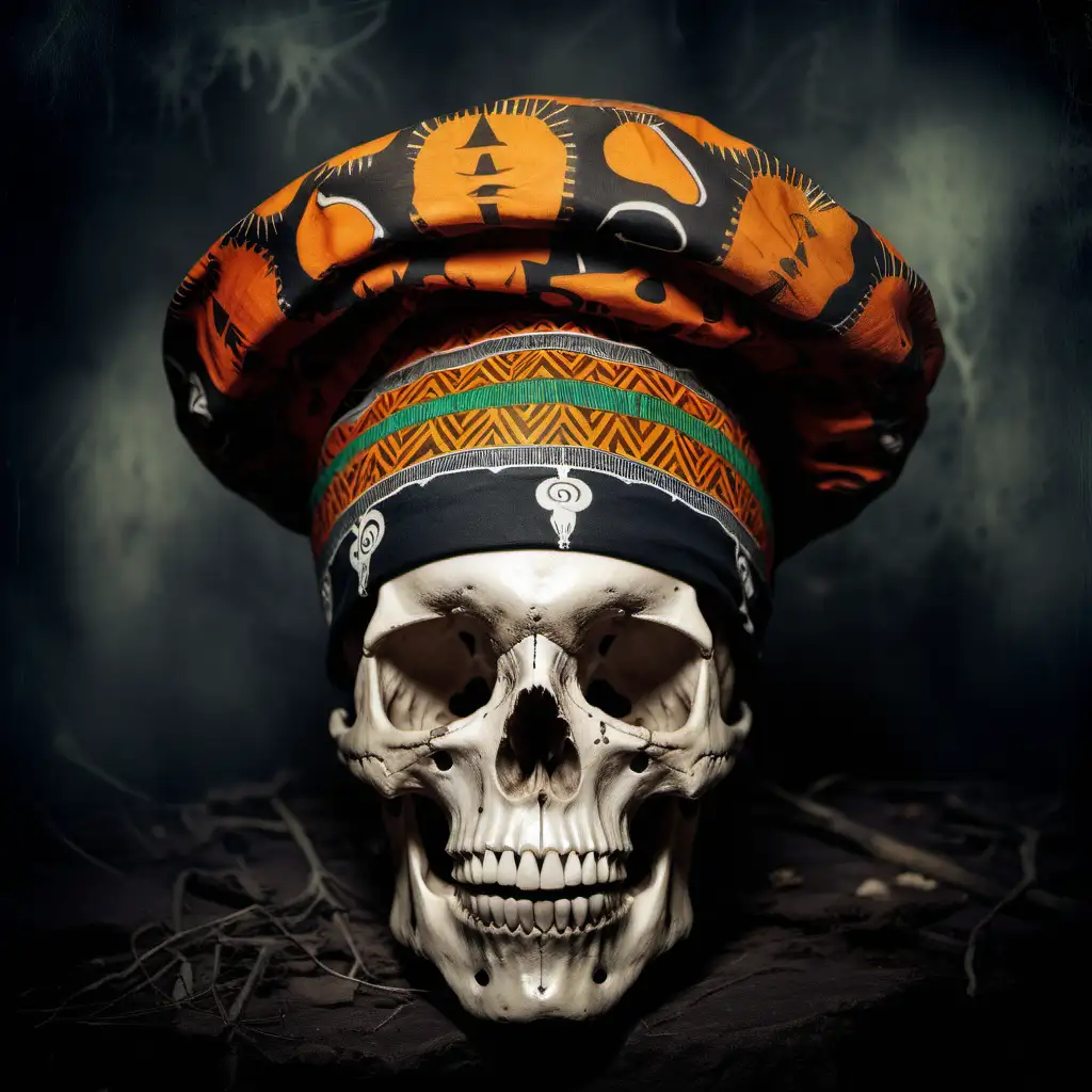 a head skull wearing african head wear, spooky background 