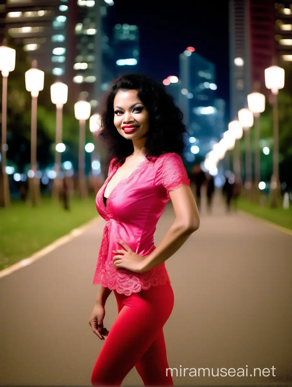 Smiling Malaysian Woman in Pink Kebaya Walking in Night Park with Dramatic Bokeh Lights