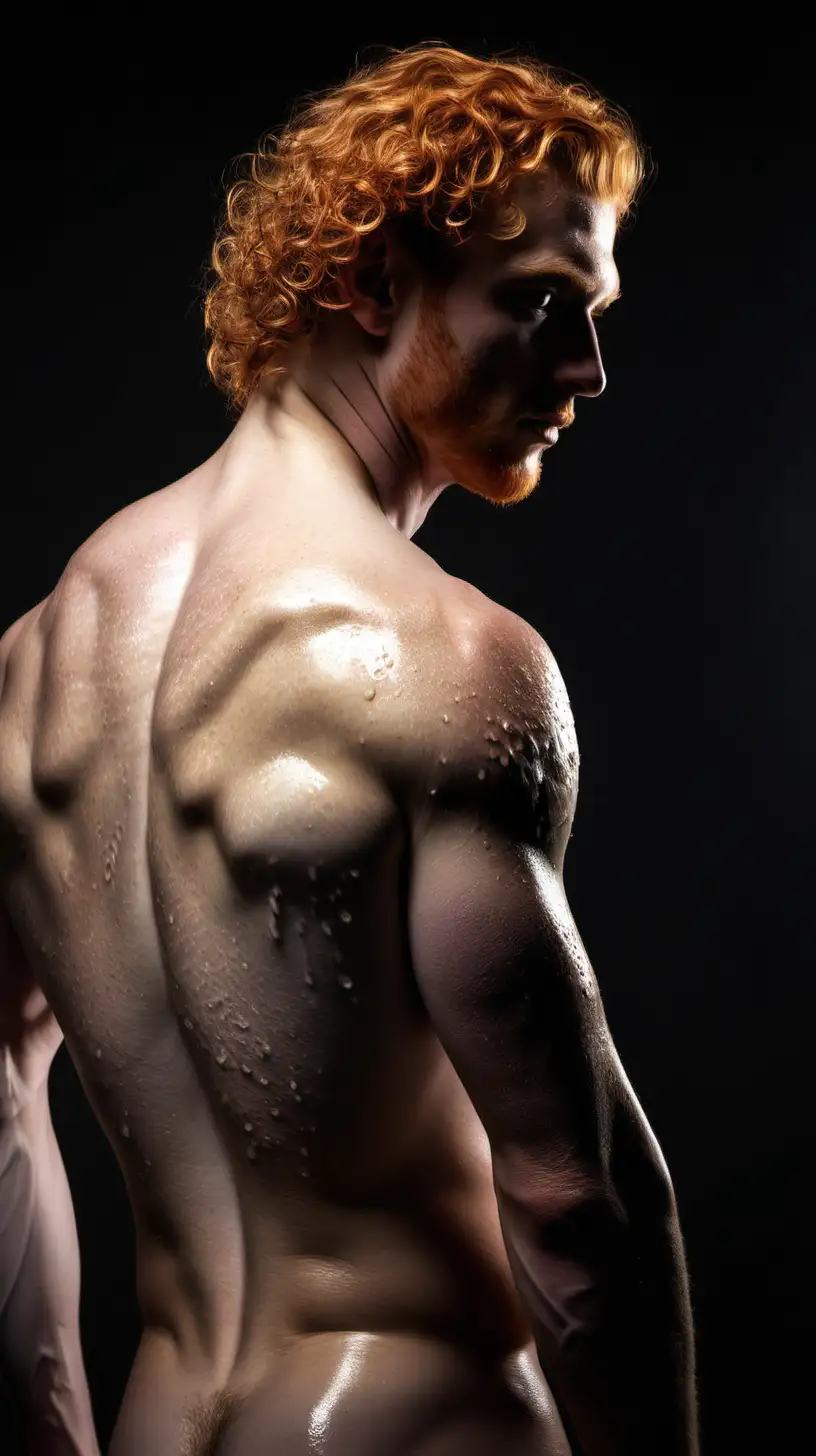 Prompt ginger curled haired mythical male Greek wet beautiful body Prompt /imagine prompt : An ultra-realistic photograph captured with a canon 5d mark III camera, equipped with an 85mm lens at F 1.8 aperture setting, portraying male athlete mythical body. The background is dark with bright white studio light highlighting the subject's body and face. The subject is facing with his back towards the camera, he is looking over his shoulder. The image, shot in high resolution and a 9:16 aspect ratio, captures the subject’s natural beauty and sexuality with stunning realism Soft spot light gracefully illuminates the subject’s body, highlighting the body, casting a dreamlike glow. make it really realistic and detailed --ar 9:16 --v 6 --style raw ((ultra-detailed))