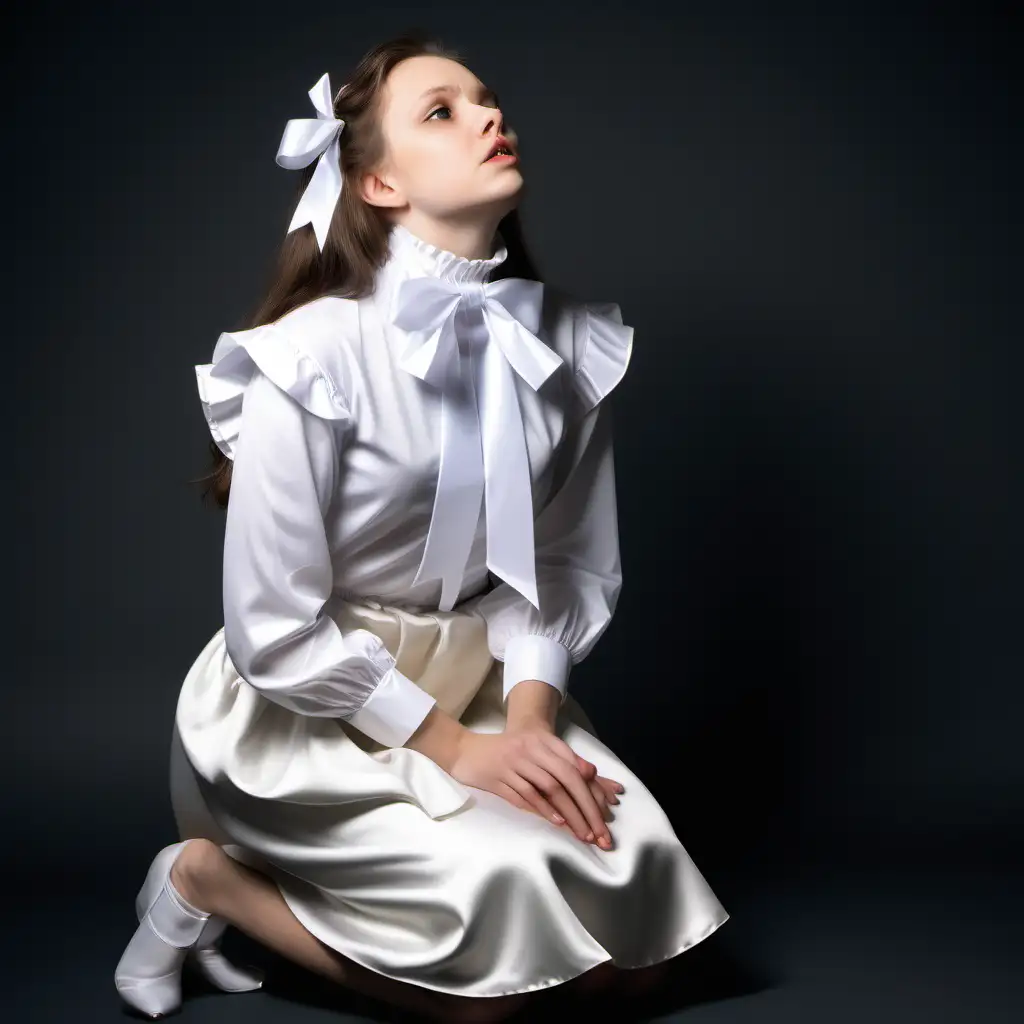 Young Woman Praying in Desperation in White Satin Attire