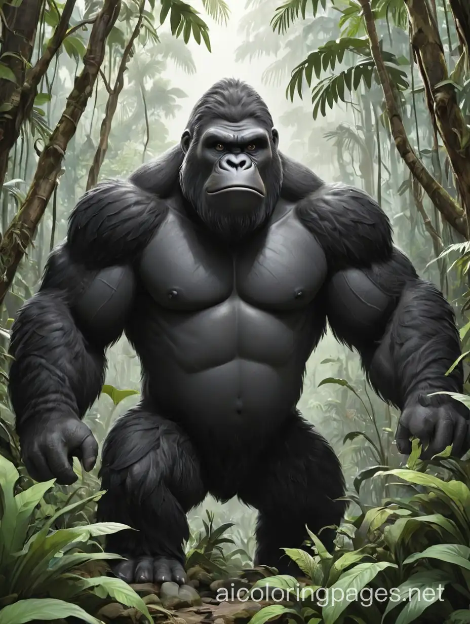 kingkong in jungle, Coloring Page, black and white, line art, white background, Simplicity, Ample White Space. The background of the coloring page is plain white to make it easy for young children to color within the lines. The outlines of all the subjects are easy to distinguish, making it simple for kids to color without too much difficulty