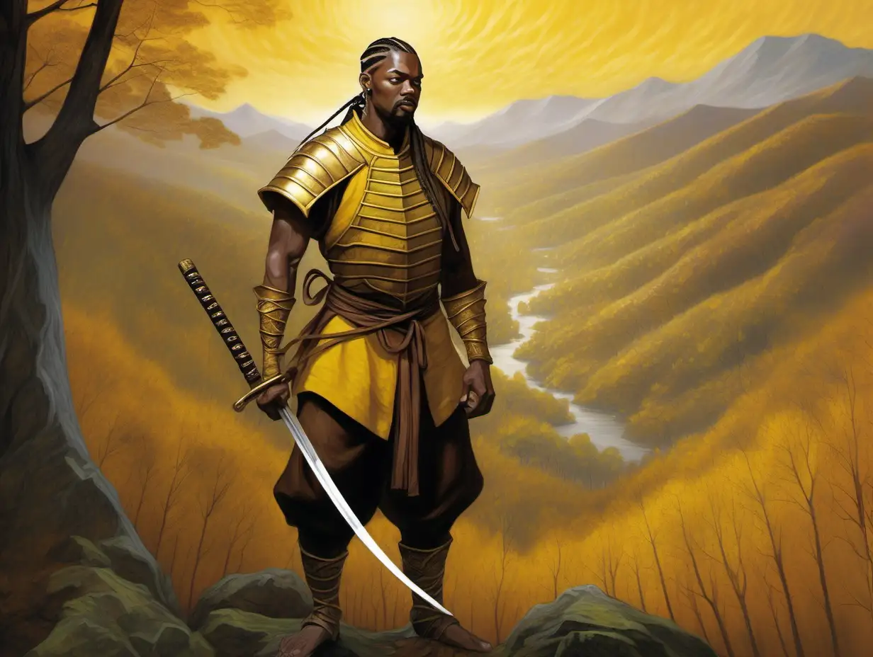 black man, long thick flowing cornrows, short goatee, golden earrings, brown yellow segmented armor, two-handed stance katana, hills woods shack, Medieval fantasy painting