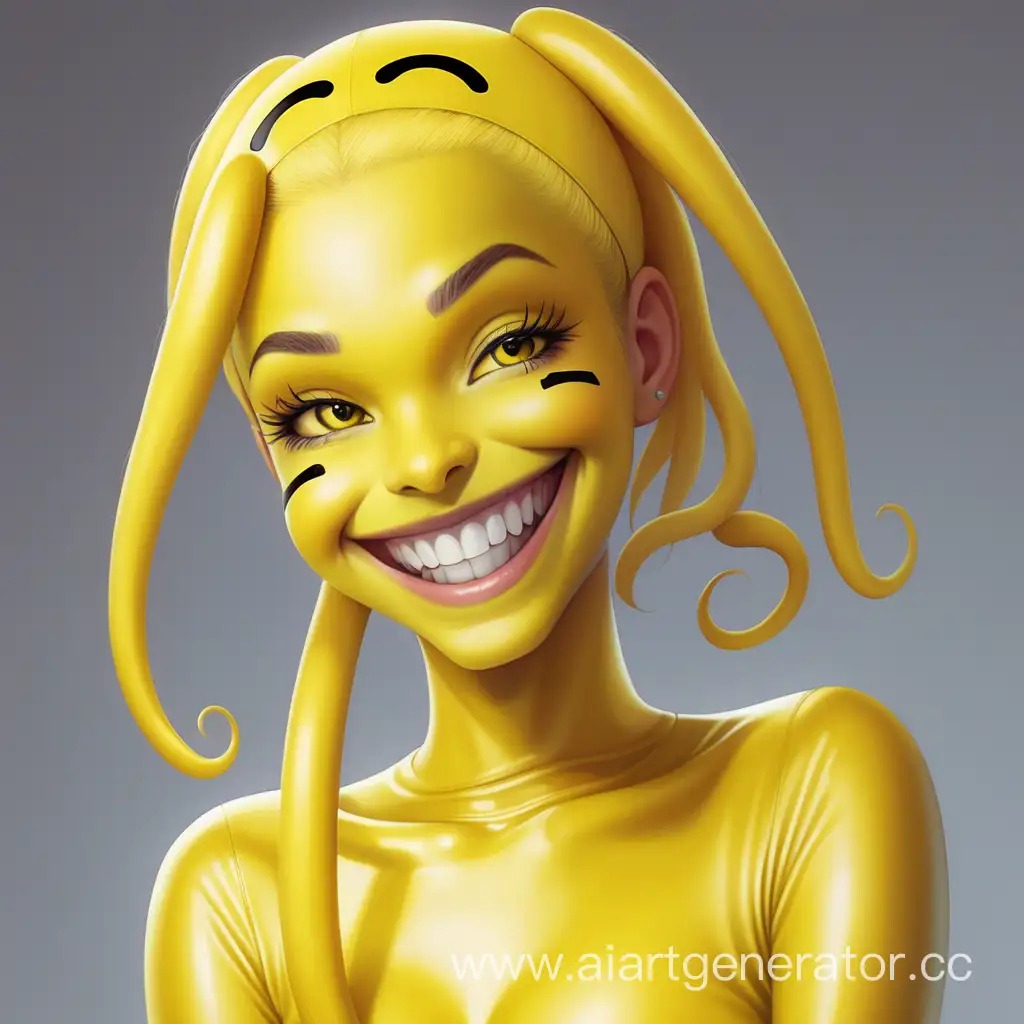 Хуманизация смайлика в Латексную девушку с желтой латексной кожей с желтой резиновой прической и желтым резиновым лицом Изображение сделать в милой стилистике
