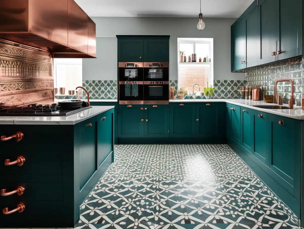 Elegant Dark Teal Shaker Style Kitchen with Patterned Floor Tiles and Copper Fittings