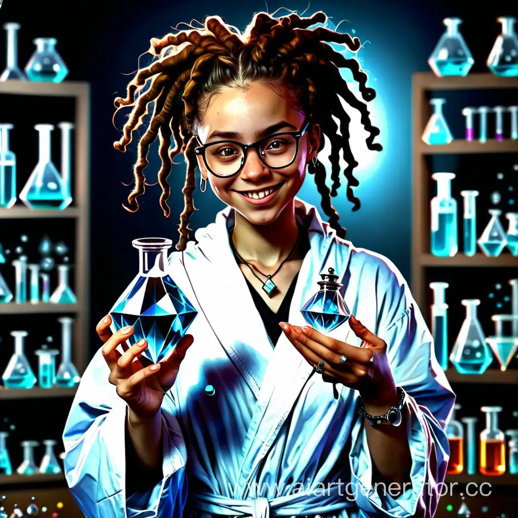 Smiling-Chemist-Girl-Holding-Flask-and-Diamond