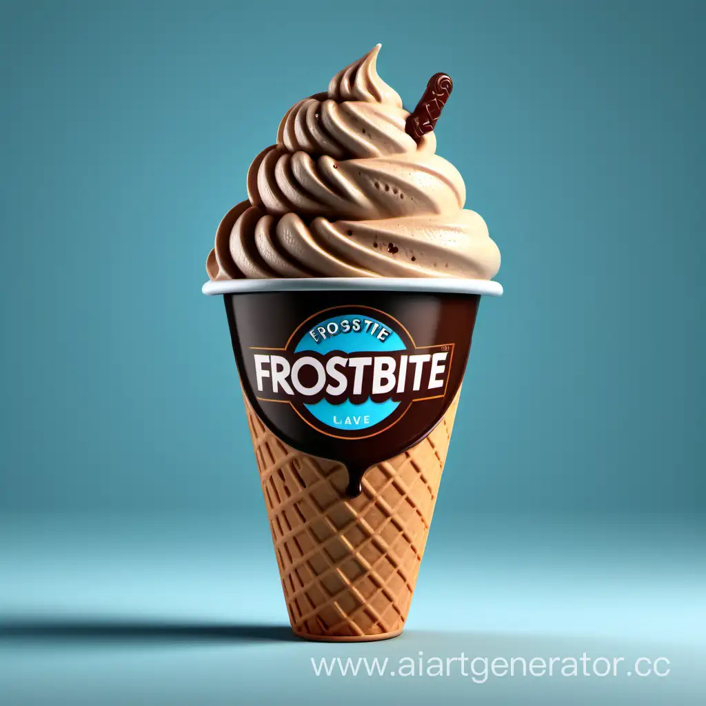 Мороженое со вкусом кофе с логотипом в виде кружки и мороженого внутри. Название продукта "Frostbite"