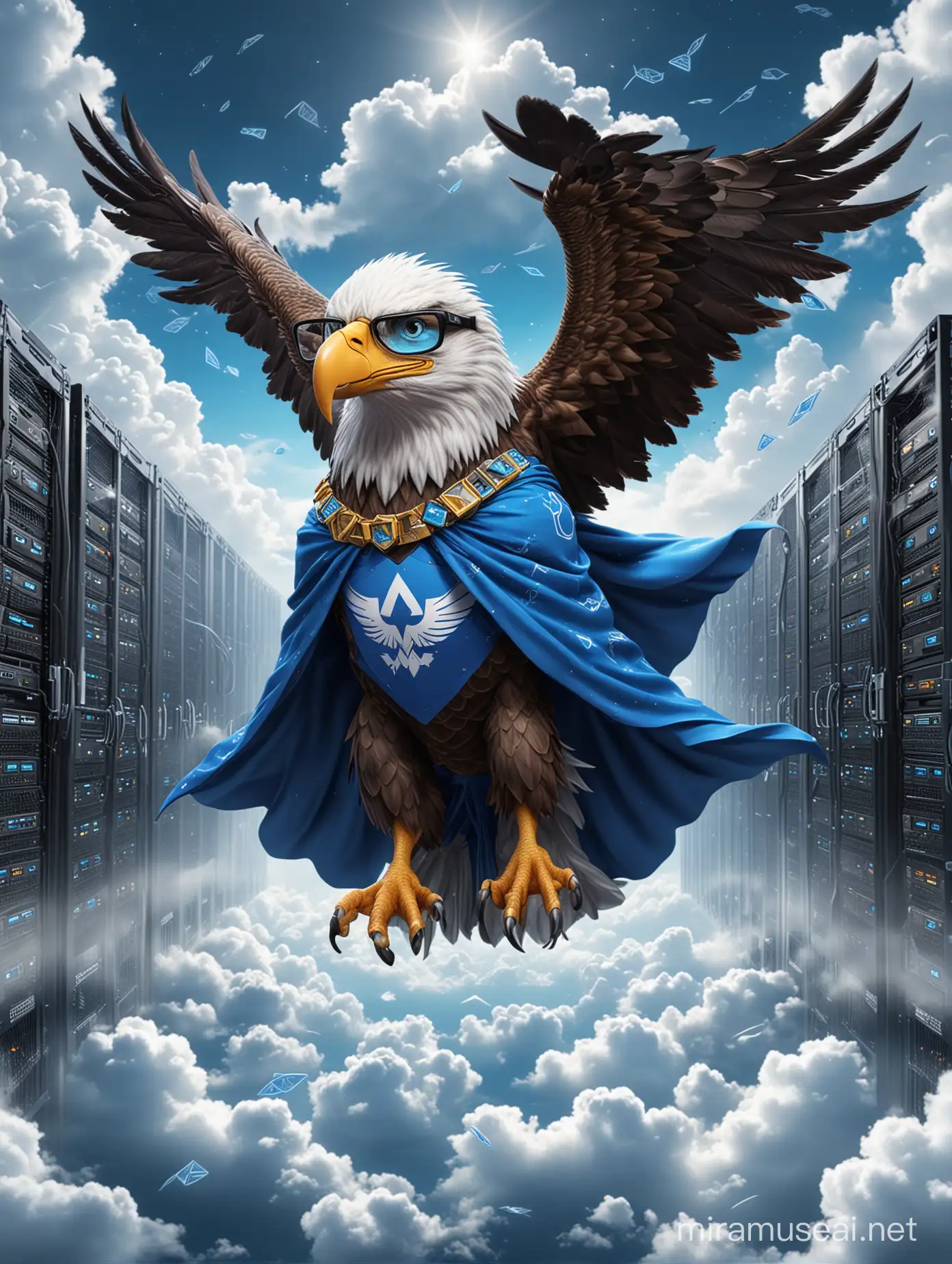 heroic eagle character wearing a blue cape covered with AWS and Azure logos and cool glasses, hovering between the clouds in the sky with a datacenters racks and servers in the far distance