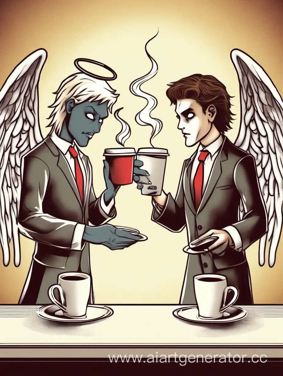 Angel and demon each offer their own coffee in the cafeteria advertising campaign