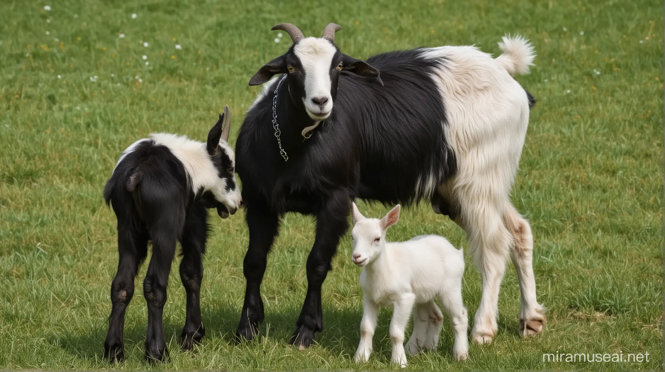 black goat with small white parts in its head and its body and her baby goat  in the filelds