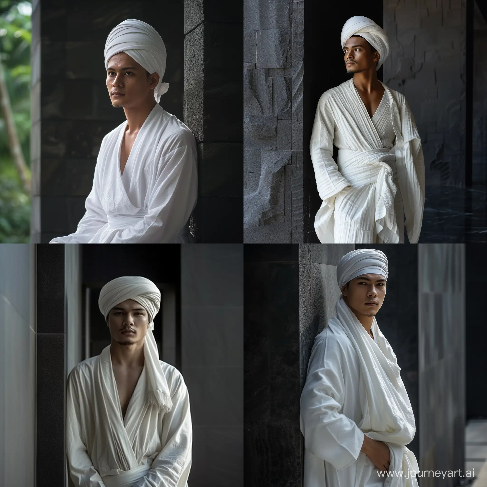 Handsome 25 year old Indonesian man wearing a robe covered by a robe, body must be covered by a robe, white Muslim imamah, and Muslim turban, ideal body, white Indonesian skin, face must be visible clearly and in detail. The handsome man in the robe posed in a beautiful place, facing the front, leaning against a black wall,photo shoot, bright atmosphere during the day. that person. Ultra HD, original photo, high detail, ultra sharp, 18mm lens, realistic, photography, Leica camera