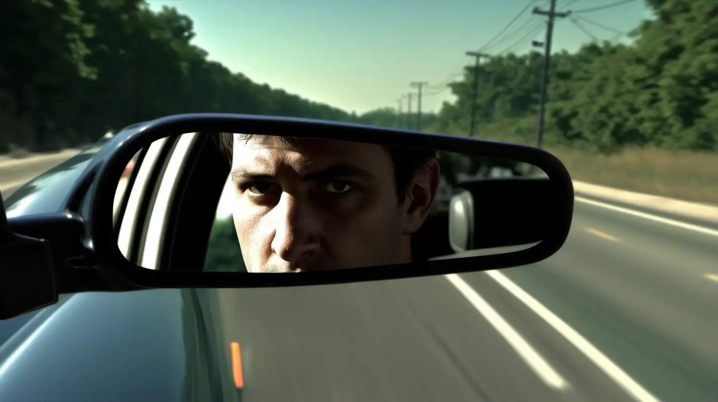 /imagine prompt: realistic, personality: [Illustrate a close-up shot of the driver glancing at the stranger through the rear-view mirror. The driver's expression should reflect a mix of curiosity and concern as they observe the strange figure on the roadside. The shot should capture the tension building within the car, indicating the friends' growing uneasiness] unreal engine, hyper real --q 2 --v 5.2 --ar 16:9