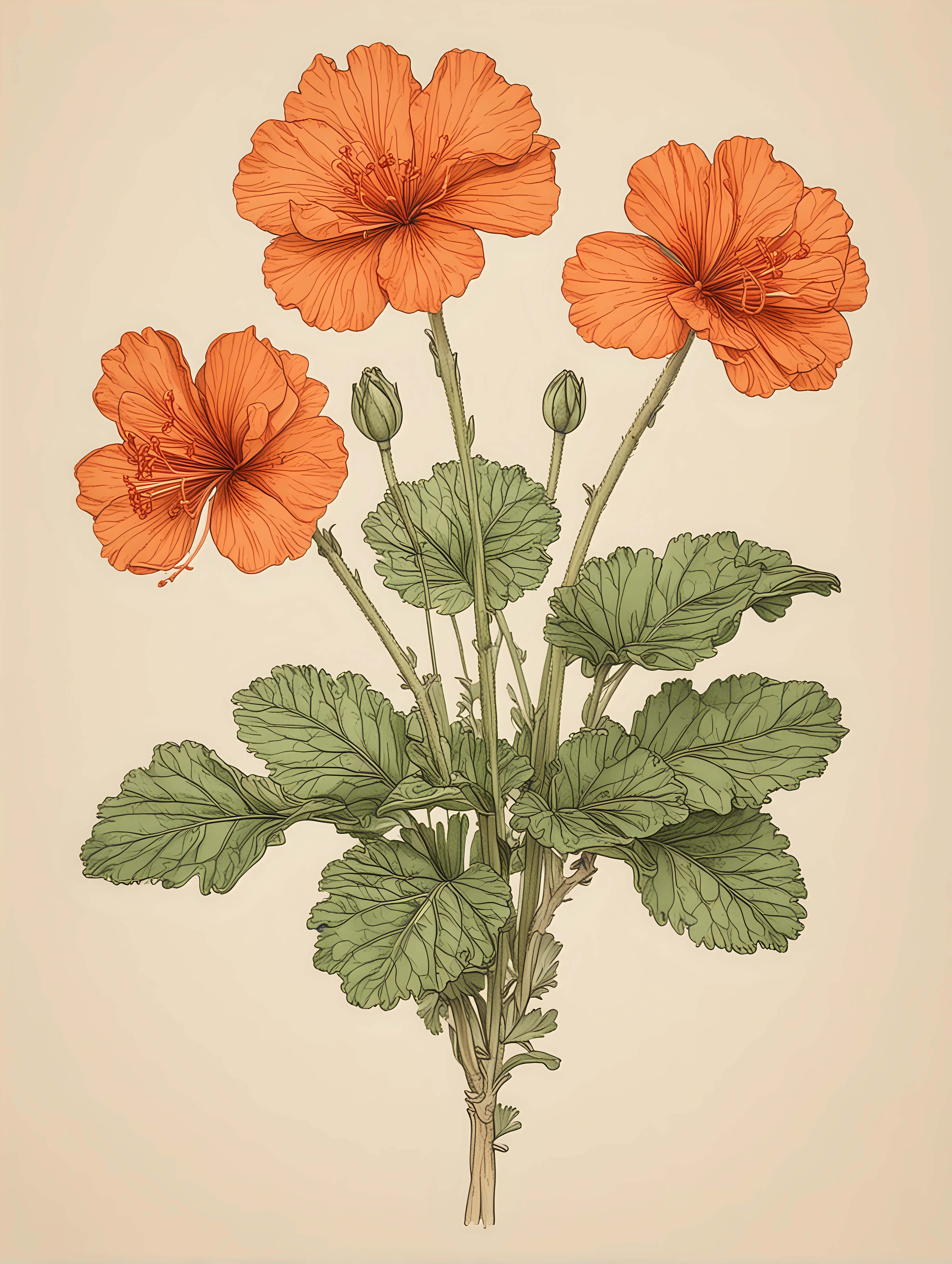 simple color line drawing of 1 orange geranium in the style of Audubon with a cream colored background 