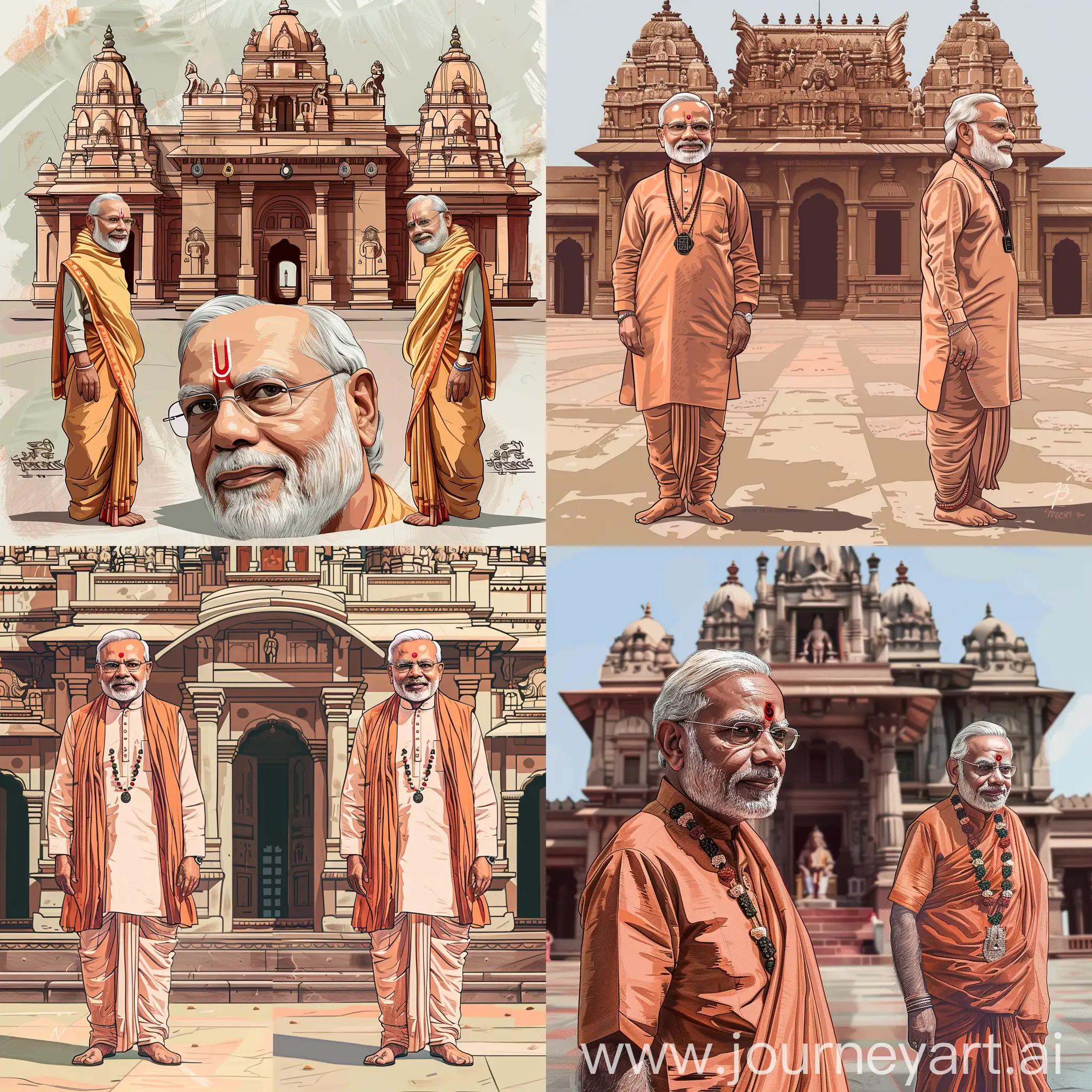 Please generate an image of PM Narendra Modi in a simple Hindu attire like dhoti and kurta with Rudraksh in front of a Hindu temple. There must be a small smirk on his face. The head and body must be proportional. Provide both front and side profiles.