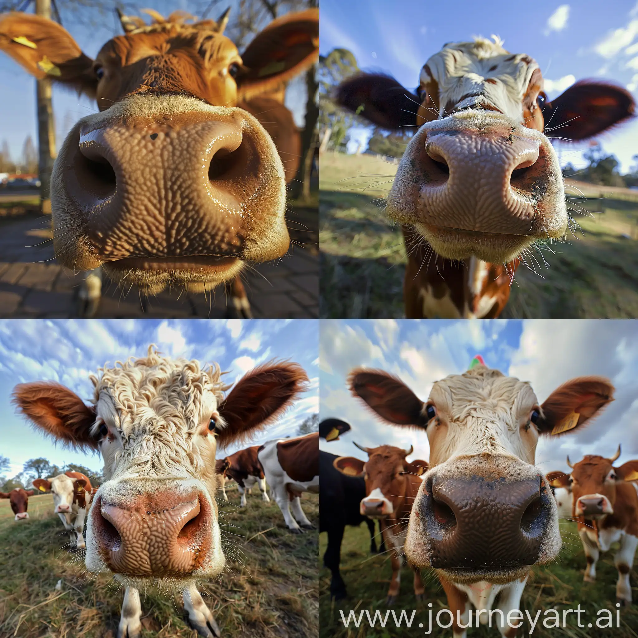 A clown cow smiling. Wide-angle. 